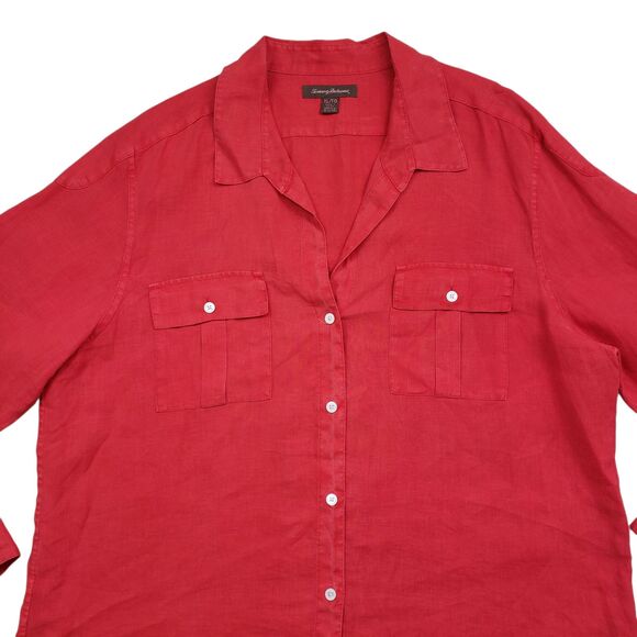 Tommy Bahama Linen Shirt Womens XL Red Long Sleeve Button Up Roll Tab Pcokets - Picture 12 of 13